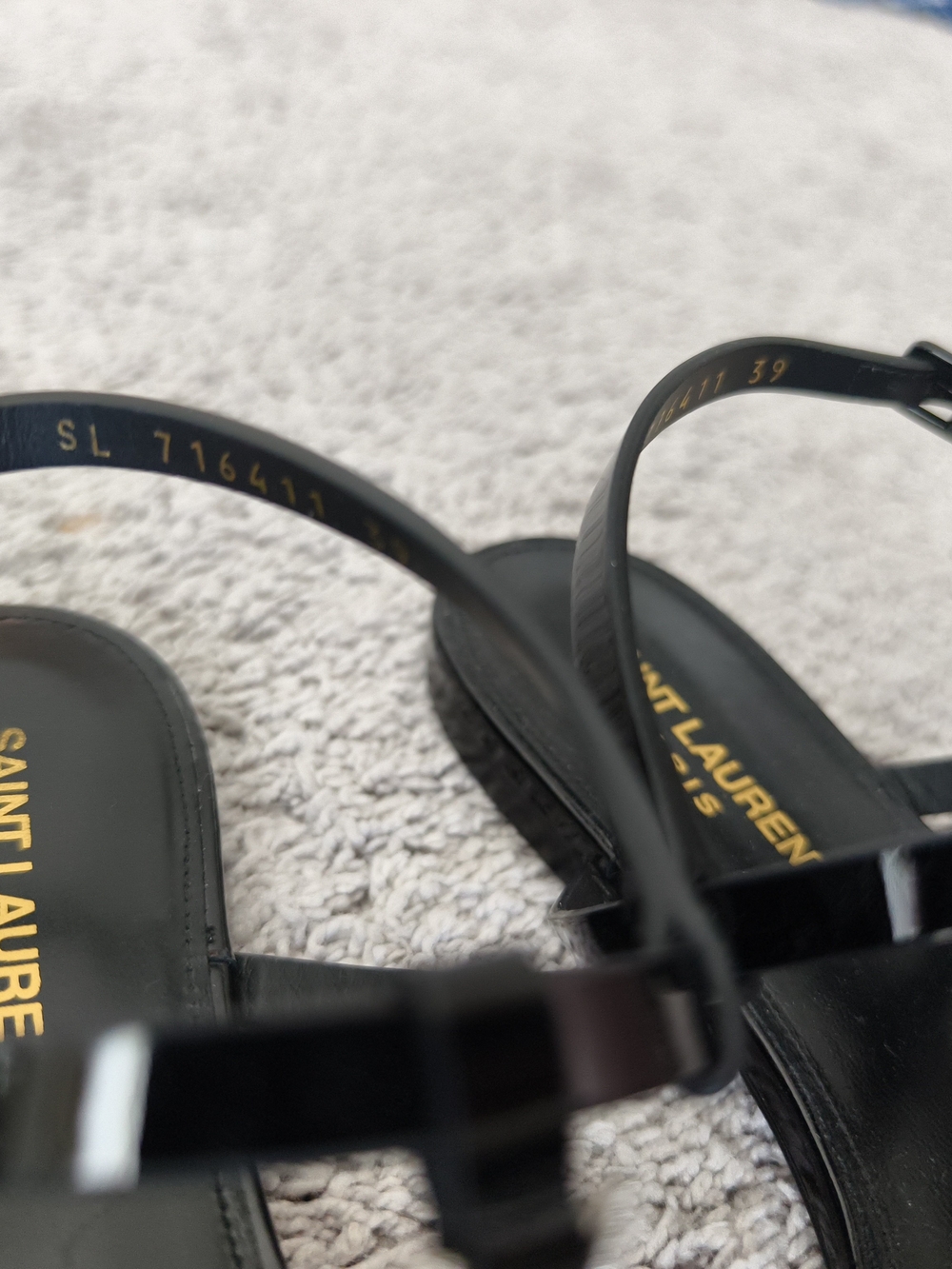 Saint Laurent Black Patent T-Strap Sandals with Crystal YSL Emblem - Picture 2 of 7